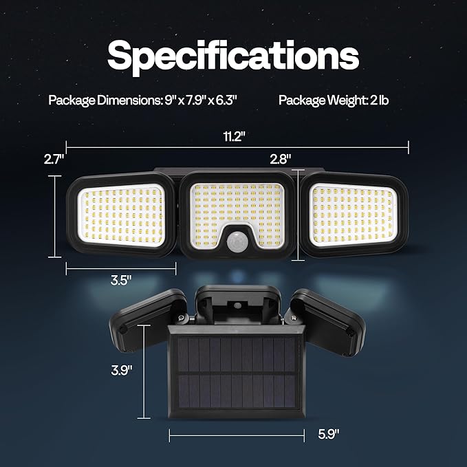 VIVOHOME Solar Flood Lights Outdoor, 256 LED 2500LM Motion Sensor Lights, 3 Adjustable Heads Security Lights, IP65 Waterproof, 270° Wide Lighting Angle Solar Powered Lights for Porch, Yard, 2 Pack