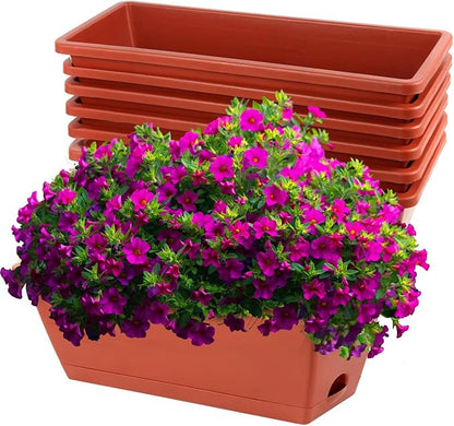 Sohapy 7 Pack Window Box Planter, 17 Inches Plastic Flower Vegetable Planters Boxes with Drainage Holes and Trays Rectangular Flower Pots for Indoor Outdoor Garden, Patio, Home Decor (7, Brick RED)