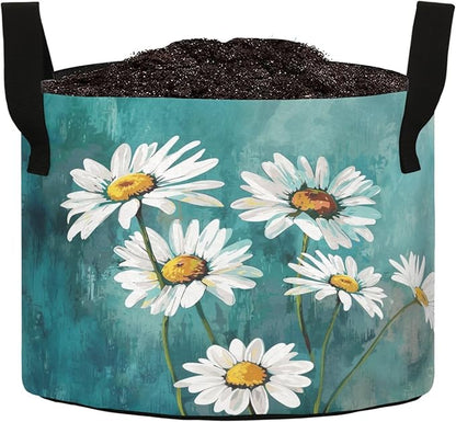 10 Gallon Art White Daisy Flowers Turquoise Grow Bag Heavy Duty Thickened Plant Pot Containers with Handles for Potato Tomato Flowers Fruits Vegetables