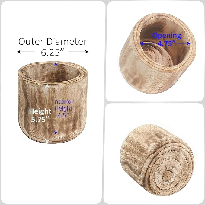 CYS EXCEL 6.25'' Burnt Finish Cylinder Planter Lightweight Natural Wood Cachepot for Indoor Plants, Succulents, Herbs, Home & Office Decor