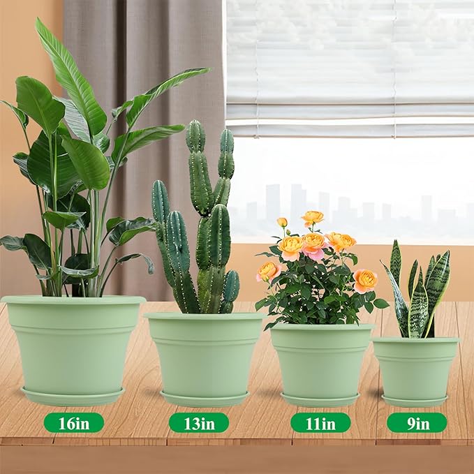 11 Inch Plastic-Flower-Pot-for-Indoor-Plants, 4 Pack Large Outdoor Planter Pot with Drainage Holes & Saucers, Resin Decorative Garden Pots Planters