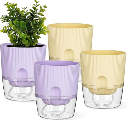 Plant Pots, 4 Pack 5.7 Inch Self Watering Pots for Indoor Plants, Flower Pots with Deep Reservoir and Drainage Holes - Yellow & Purple