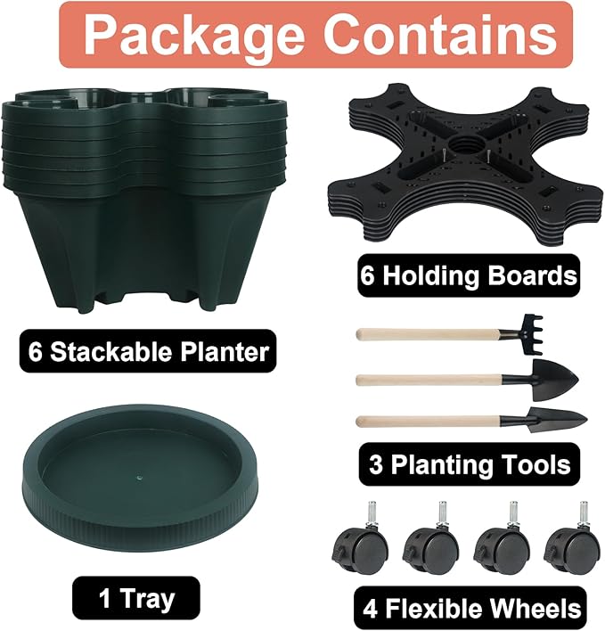 GameXcel Vertical Planter 6 Tier Stackable Planters Garden Planters Strawberry Herb Flower and Vegetable Planter Indoor Outdoor Gardening Pots with Removable Wheels and Tools