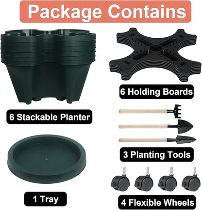 GameXcel Vertical Planter 6 Tier Stackable Planters Garden Planters Strawberry Herb Flower and Vegetable Planter Indoor Outdoor Gardening Pots with Removable Wheels and Tools