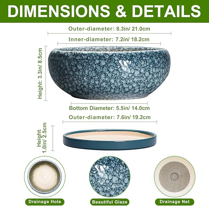 Ceramic Bonsai Pots - 8 Inch Succulent Planters Indoor Outdoor, Bonsai Planters with Drainage Hole and Saucer, Shallow Planter, Round Planter Bowl, Home Decor, Gifts for Plant Lovers, Blue