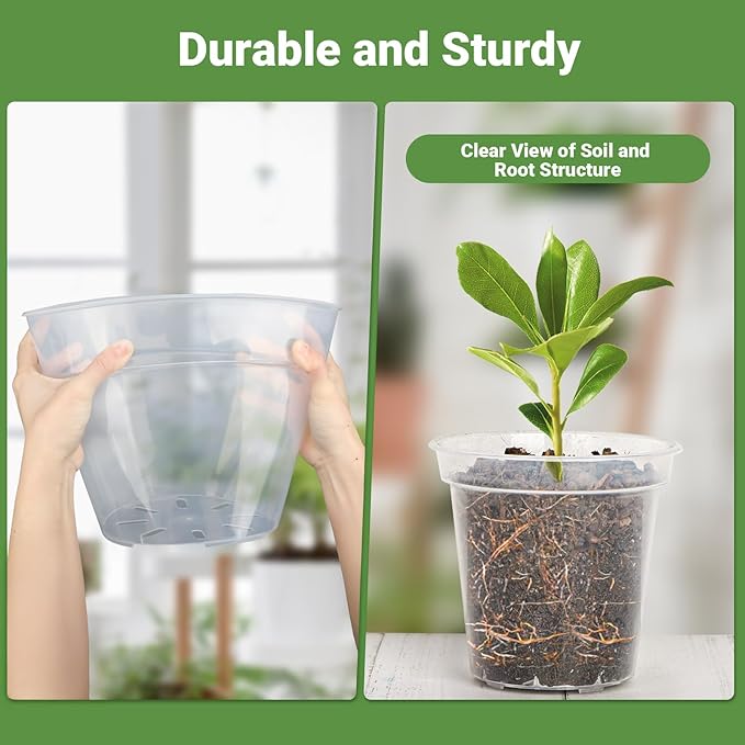 GREANER Clear Nursery Pots with Drainage, 6/7/8 Inch Plastic Plant Pot with 20 Plant Labels, Transparent(Pack of 15)