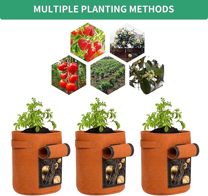 5-Pack 10 Gallon Grow Bags with Harvest Window Thickened 300g Nonwoven Fabric Heavy Duty Plant Pots for Vegetables Potato Tomatoes Carrots Gardening Containers with Reinforced Handles Orange