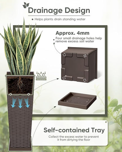Greesum Set of 2 Tall Plastic Planters with Saucer, 24 Inch Large Pots with Drainage Trays, Weather-Resistant Plastic Plant Containers for Patio, Porch, Garden,Brown