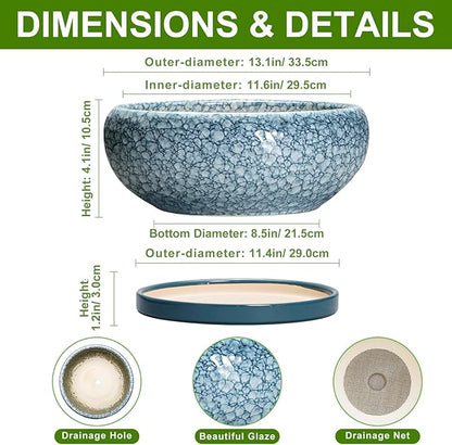 Large Succulent Planters - 13 Inch Ceramic Bonsai Pots with Drainage Hole and Saucer, Shallow Plant Pots Indoor Outdoor, Large Planter Bowl, Round Planter, Garden Decor, Gardening Gift, Blue
