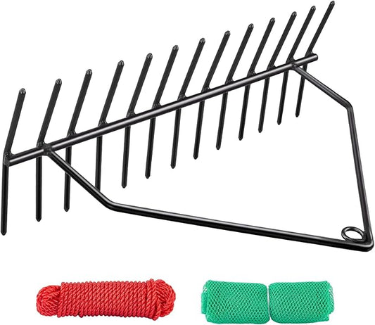 32" Aquatic Weed Rake, No Assembly Required, 8.6" Steel Rod Lake Weed Cutter, One-Piece Welding, Lake Weed Rake for Pond Beach Landscaping, Perfect Tie Hole, 30ft Thicker Rope and Net, Black.