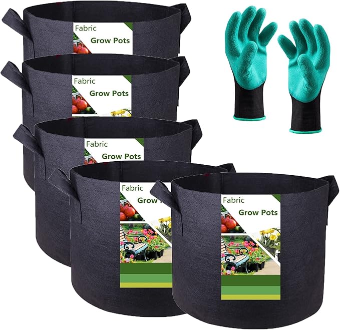 5-Pack 1 Gallon Thickened Plant Grow Bags (7x6 inch) Nursery Bags Fabric Plant Pots Garden Bag for Flower Pot,Herbs Veggies Planter Bag,Garden Pots,Barrel Planter,Plant Container with Gardening Gloves