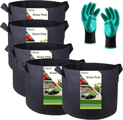 5-Pack 5 Gallon Thickened Plant Grow Bags (12x10 inch) Fabric Plant Pots for Flower Pot,Potato Tomato Planters,Herbs Veggies Planter Bag,Garden Pot,Barrel Planter,Plant Container with Gardening Gloves