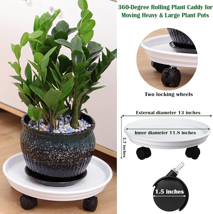 Planterhoma 4 Packs Heavy-Duty Plastic Plant Caddy with Wheels - 11.8" Rolling Plant Stand - Strong Load Bearing - 360 Rotated Wheels - Indoor/Outdoor Use