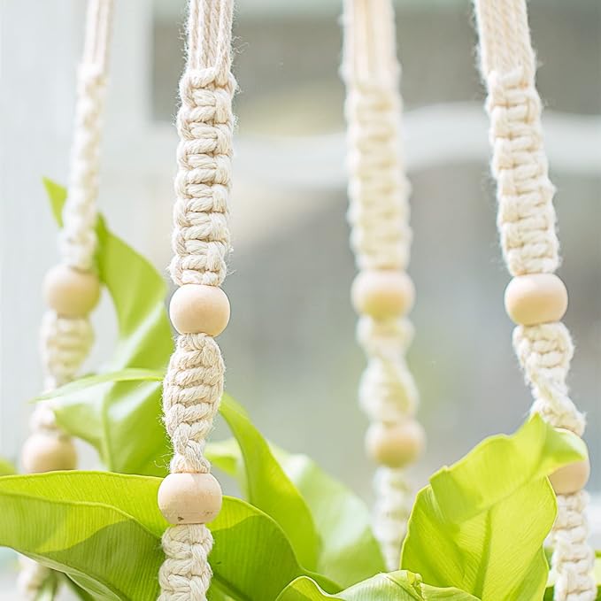 Mkono 43 Inch Macrame Plant Hanger and Ceiling Hooks, Extra Long Hanging Plant Holder No Tassels Hanging Planter Basket with Wood Beads for Indoor Outdoor Boho Home Decor, Ivory