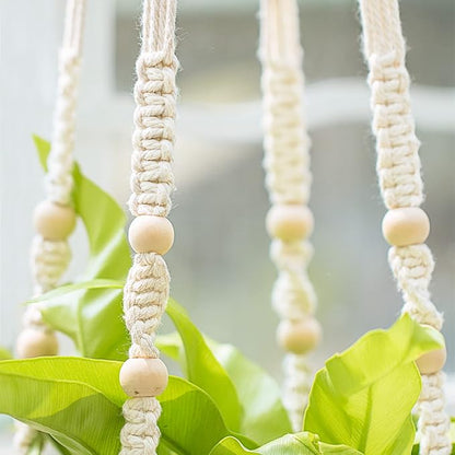 Mkono 43 Inch Macrame Plant Hanger and Ceiling Hooks, Extra Long Hanging Plant Holder No Tassels Hanging Planter Basket with Wood Beads for Indoor Outdoor Boho Home Decor, Ivory
