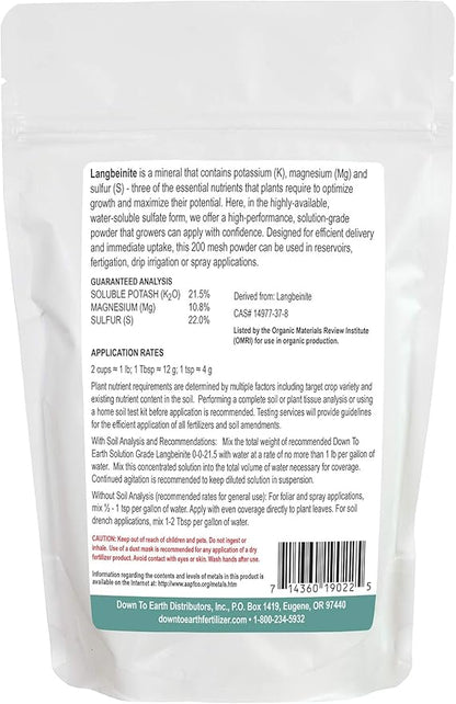 Down To Earth All Natural Fertilizers Organic Solution Grade Langbeinite - Professional Grade Potassium Magnesium Sulfate Powder 200 mesh for Liquid or Spray 0-0-21.5, 1 lb
