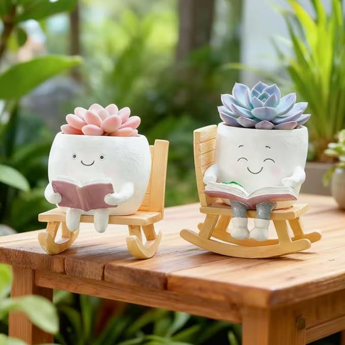 Adorable Smiley Face Reading Flower Pot, Unique Rocking Chair-Style Resin Plant Pot with Drainage Holes, Suitable for Indoor/Outdoor Planting and Home Decor (B)