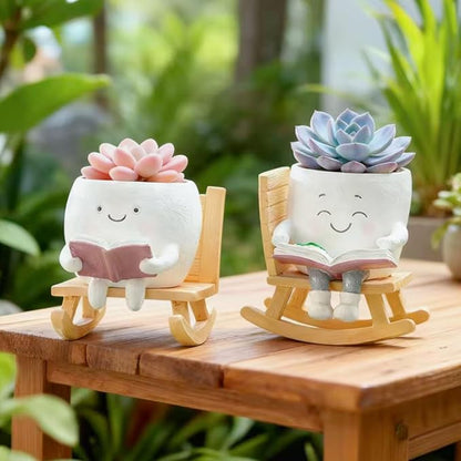Adorable Smiley Face Reading Flower Pot, Unique Rocking Chair-Style Resin Plant Pot with Drainage Holes, Suitable for Indoor/Outdoor Planting and Home Decor (B)