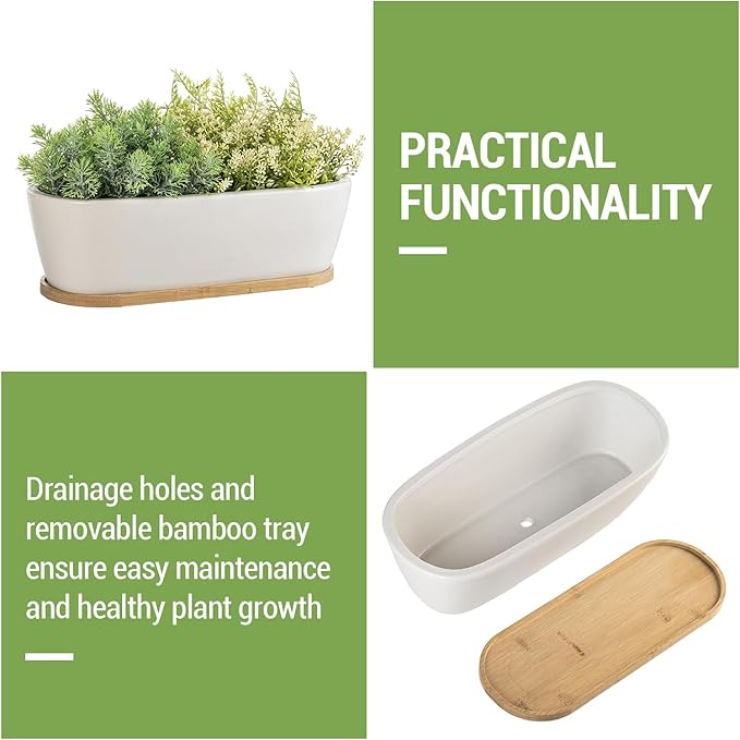 MyGift 14 Inch Oval Modern Matte White Ceramic Succulent Planter Pot with Drainage Hole and Removable Bamboo Saucer, Decorative Indoor House Plant Container for Flowers, Cactus, Herbs