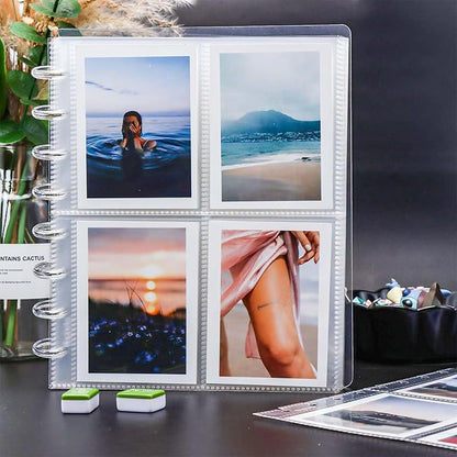 Discbound Photo Album with Clear PET Cover 20 Sheets Clear PP Sleeves 8 Discs Bound Organizer Left Side Open Pockets for Cash Money Stickers Photos Cards (8 Rings 4 Pockets)