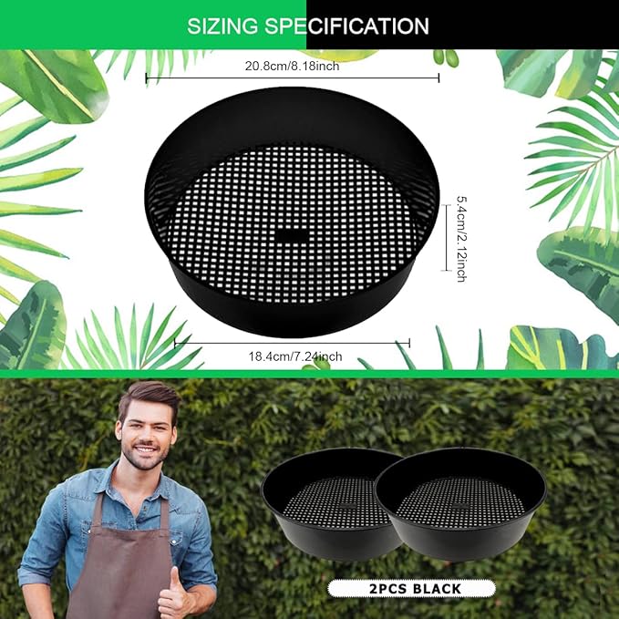 2 Pcs Round Garden Soil Sieve Pan with Handle Sand Sifter Set for Sieve Work of Small Gravel, Soil, Sand（Black）