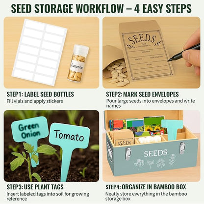 Large Bamboo Wood Seed Storage Organizer Box with Lid, Double-Layer Seal Design Seed Saving Box with 304 Stainless Steel Safety Lock, Handles, Extra Seed Envelopes and Labels, Great Gifts for Gardener