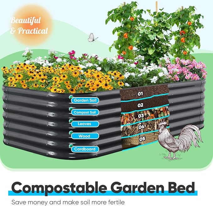 Quictent Galvanized Raised Garden Bed Kit, 8x4x2 ft Oval Metal Planter Box Tall for Vegetables Outdoor Backyard, Strengthened by Crossbar, Dark Gray