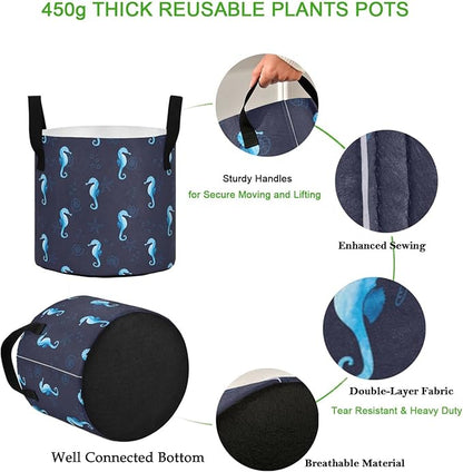 10 Gallon Nautical Sea Horse Starfish Shells Breathable Grow Bag Heavy Duty Thickened Plant Pot Containers with Handles for Potato Tomato Fruits Vegetables Flowers