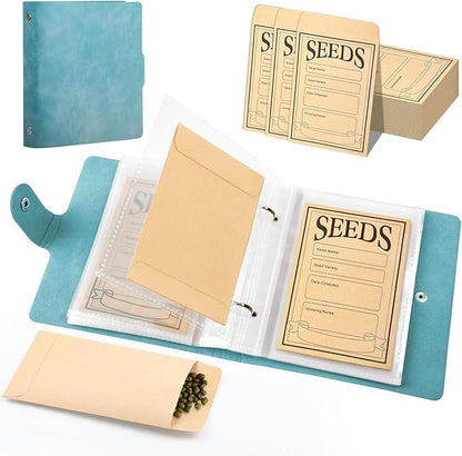 Seed Storage Organizer Binder, Leather Seed Packet Organizer with 50 Pack Seed Envelopes, Garden Seed Storage Holder Book, Plant Seed Saver, Flower Seed Keeper, Green, 3.1 x 4.7 Inch Seed Envelopes