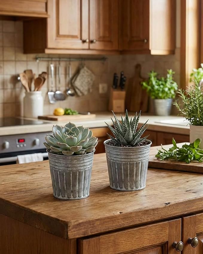 vensovo 4 Inch Silver Metal Rustic Flower Pots - 6Pcs Small Galvanized Planters with Drainage Hole and Rubber Plug, Rustproof Metal Bucket Plant Pots Farmhouse Vintage Style for Decor