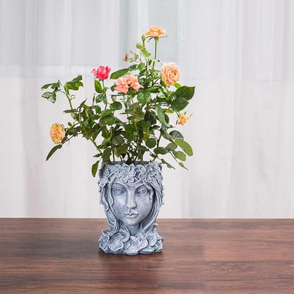 Face Flower Pot Head Planter with Drainage Hole,Cute Resin Goddess Face Planters Pots Opend Eyes (Goddess Gray(Large))