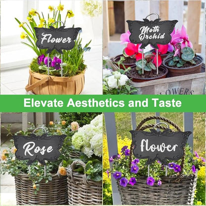 Metal Plant Labels, Tall Outdoor Butterfly Garden Markers for Flowers, Fruits and Vegetables, 304 Stainless Steel Weatherproof Signs (25 Packs, 4" x 2.3", Black Butterfly Design)