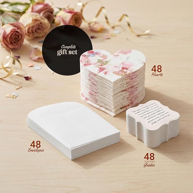 Set of 48 Pink Heart Seed Paper – Writable & Plantable Wildflower Hearts with Envelopes & Planting Guides, Gift for Moms or Plant Lovers for Mother’s Day, Heart Party Favors for Weddings & Showers