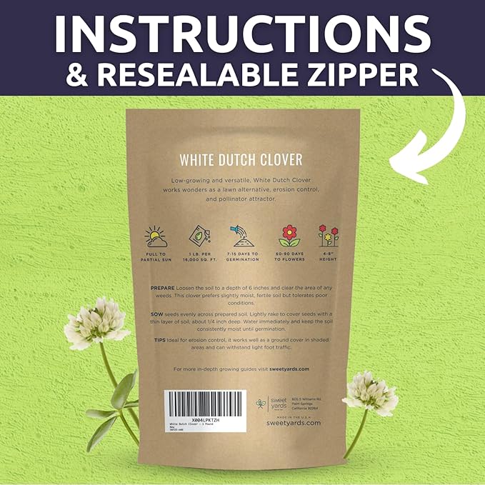 White Dutch Clover - Bulk 1 Pound Pouch - 600,000 Flower Seeds for Planting - Trifolium repens