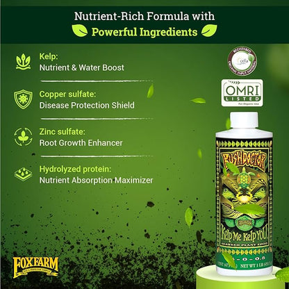 FoxFarm Bush Doctor Kelp Me Kelp You Seaweed Plant Food - 0.5-0-0.5 Liquid Kelp Fertilizer for Gardens, Hydroponic & Drip Irrigation Systems - Promotes Fast Nutrient Uptake & Plant Growth - 1 Pint