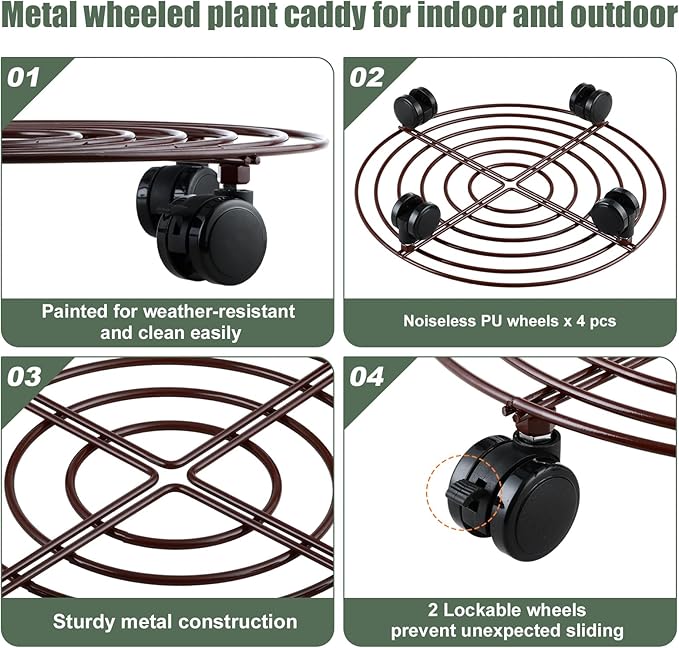 6 Packs 15.8 Inches Metal Plant Caddy with Wheels Extra-large Rolling Plant Stands Heavy-duty Wrought Iron Plant Roller Base Pot Movers Indoor Outdoor Plant Dolly Trolley Planter Tray Coaster