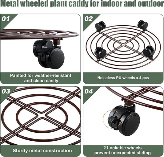 6 Packs Large Metal Plant Caddy with Wheels 14" Rolling Plant Stands Heavy-duty Wrought Iron Plant Roller Base Pot Movers Plant Saucer on Wheels Bronze