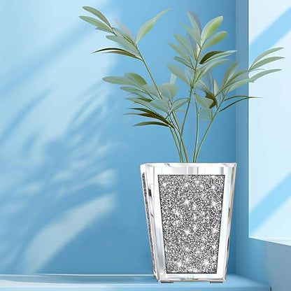 Meetart Crushed Diamond Mirrored Planter, Crystal Silver Glass Decorative Mirror Luxury Flower Pot ，with Drainage Hole and Tray for All House Plants, Succulents, Flowers, and Cactus.