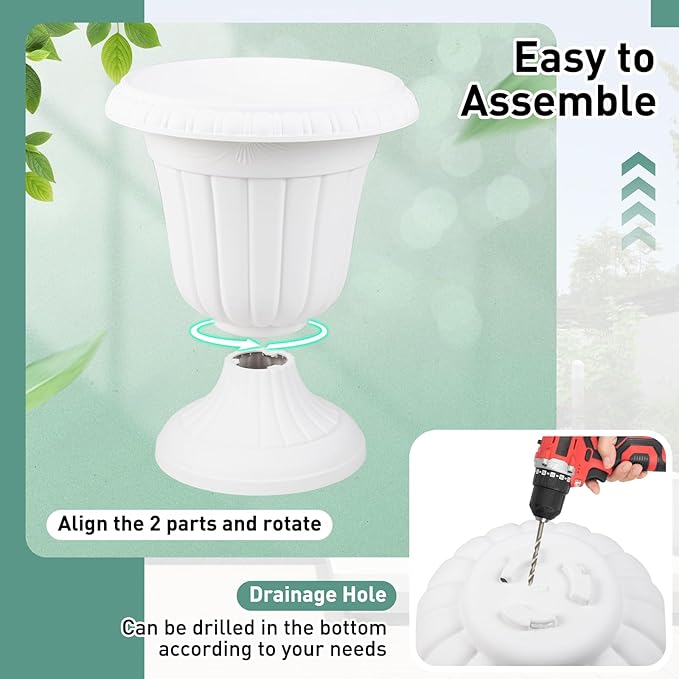 Giantex 18" Tall Vintage Planters Set of 2, Urn Plastic Flower Pots with/Pedestal Base & Pre-Marked Drain Hole, Indoor Outdoor Decorative Plant Containers for Front Porch Home Wedding, White