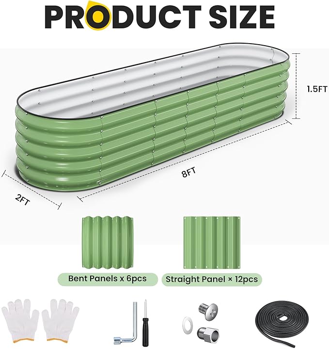 Galvanized Raised Garden Bed, 8x2x1.5 FT Oval Metal Planter Box for Outdoor, 18” Raised Beds for Gardening Vegetables Flower Herb(Green)