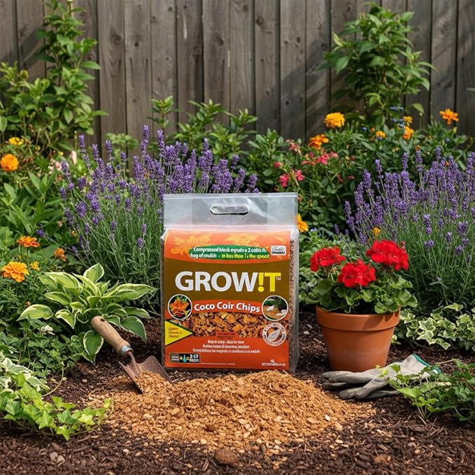 GROW!T JSCC2 - Organic Coco Coir Planting Chips (9 LBs), Block - Promotes Growth tropical flowers and plants, Perfect for indoor or outdoor usage