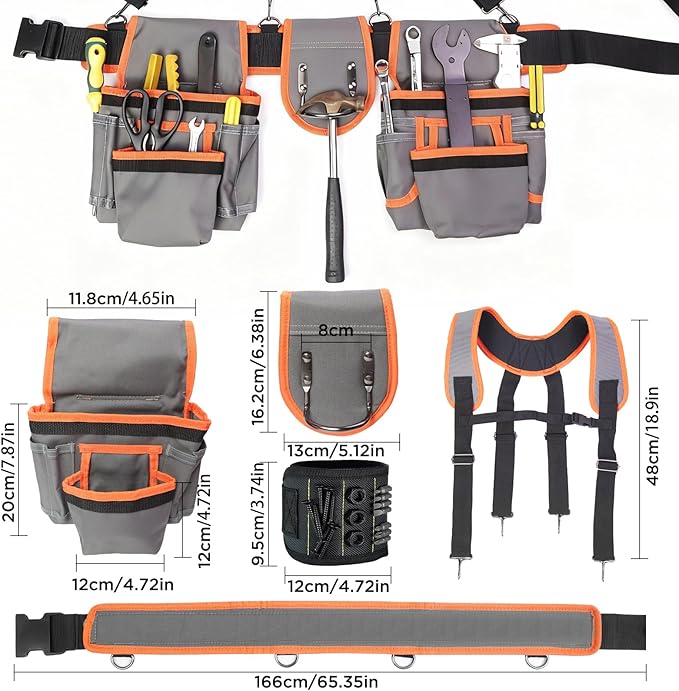 Tool Belt with Suspenders, Tool Belts for Men, Magnetic Wristband & Detachable Pouch – Heavy Duty Adjustable Belt for Electricians, Carpenters, DIY, Construction,Gift (Gray-Orange, Universal)