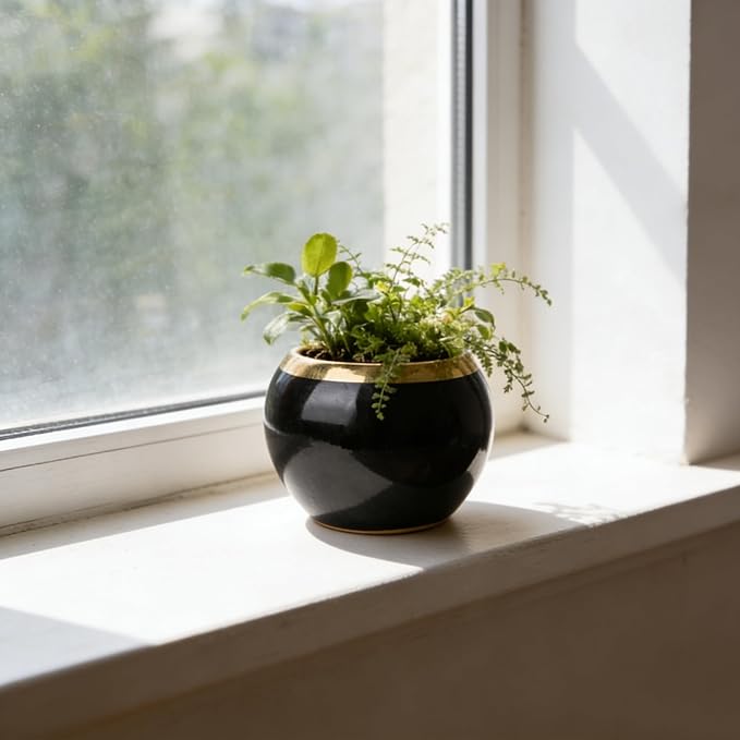 Black Gold Spherical Ceramic Plant Pots Succulent Small Planter Indoor Modern Decorative Indoor-Outdoor Garden Plant Pots with Drainage Holes - Plants Not Included 3.94 x 3.94 x 3.15 Inch