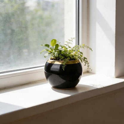 Black Gold Spherical Ceramic Plant Pots Succulent Small Planter Indoor Modern Decorative Indoor-Outdoor Garden Plant Pots with Drainage Holes - Plants Not Included 3.94 x 3.94 x 3.15 Inch
