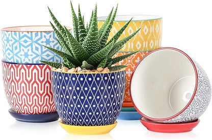 Selamica Ceramic Succulent Pots, 4.6 Inch Small Plant Pots with Drainage Holes & Saucers, Succulent Planters for Indoor Plants Cactus, Home Decor, Set of 6, Assorted Colors