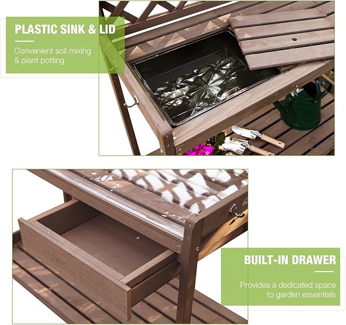 Outdoor Potting Bench, Wooden Garden Workstation Table w/Drawer, Open Shelf, Lower Storage- Extra PVC Layer