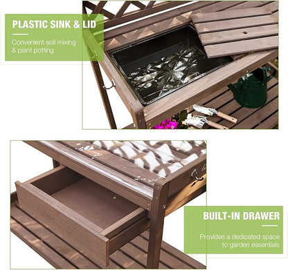 Outdoor Potting Bench, Wooden Garden Workstation Table w/Drawer, Open Shelf, Lower Storage- Extra PVC Layer