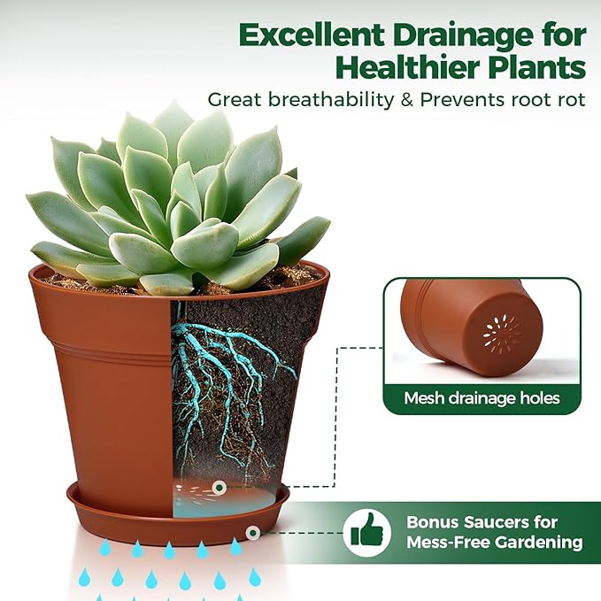 T4U 5 Inch Plant Pot 8-Pack, Plastic Pots with Drainage Hole and Saucer, Decorative Flower Pots Bulk for African Violet, Snake Plant, Succulent and All House Plants Indoor (8pcs 5" Pots)