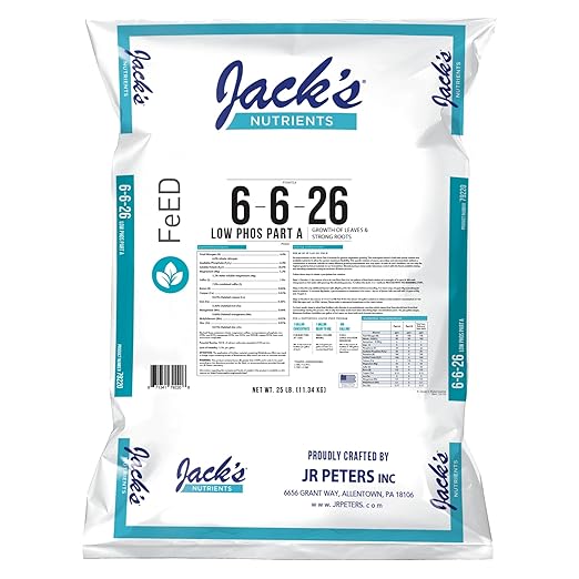 Jack’s Nutrients 6-6-26 Low Phos Part A Water-Soluble Fertilizer, 25lbs – Promotes Leaf Growth and Strong Roots