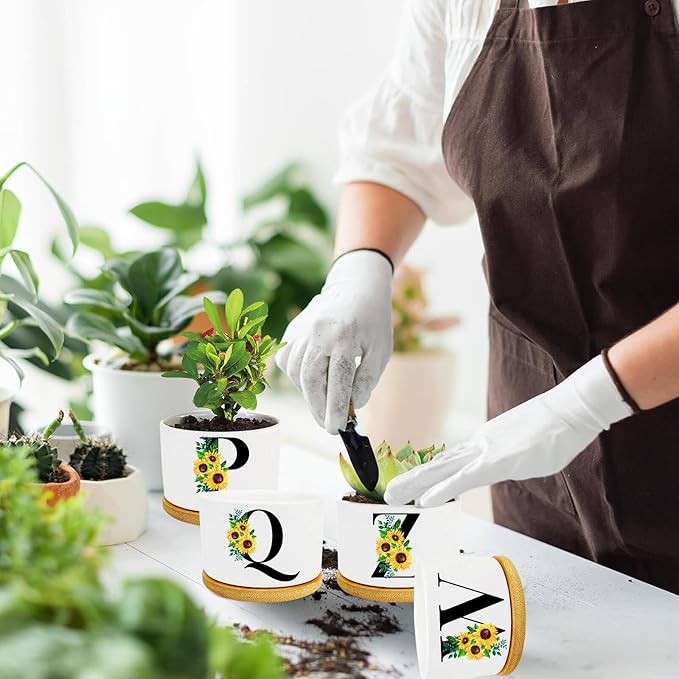 Sunflower Succulent Plant Pots 3 Inch Ceramic Cactus Flower Pots Personalized Initials A Sunflower Gifts for Women Mom Sister,Birthday Housewarming,Wedding,Window Garden Desk Decor